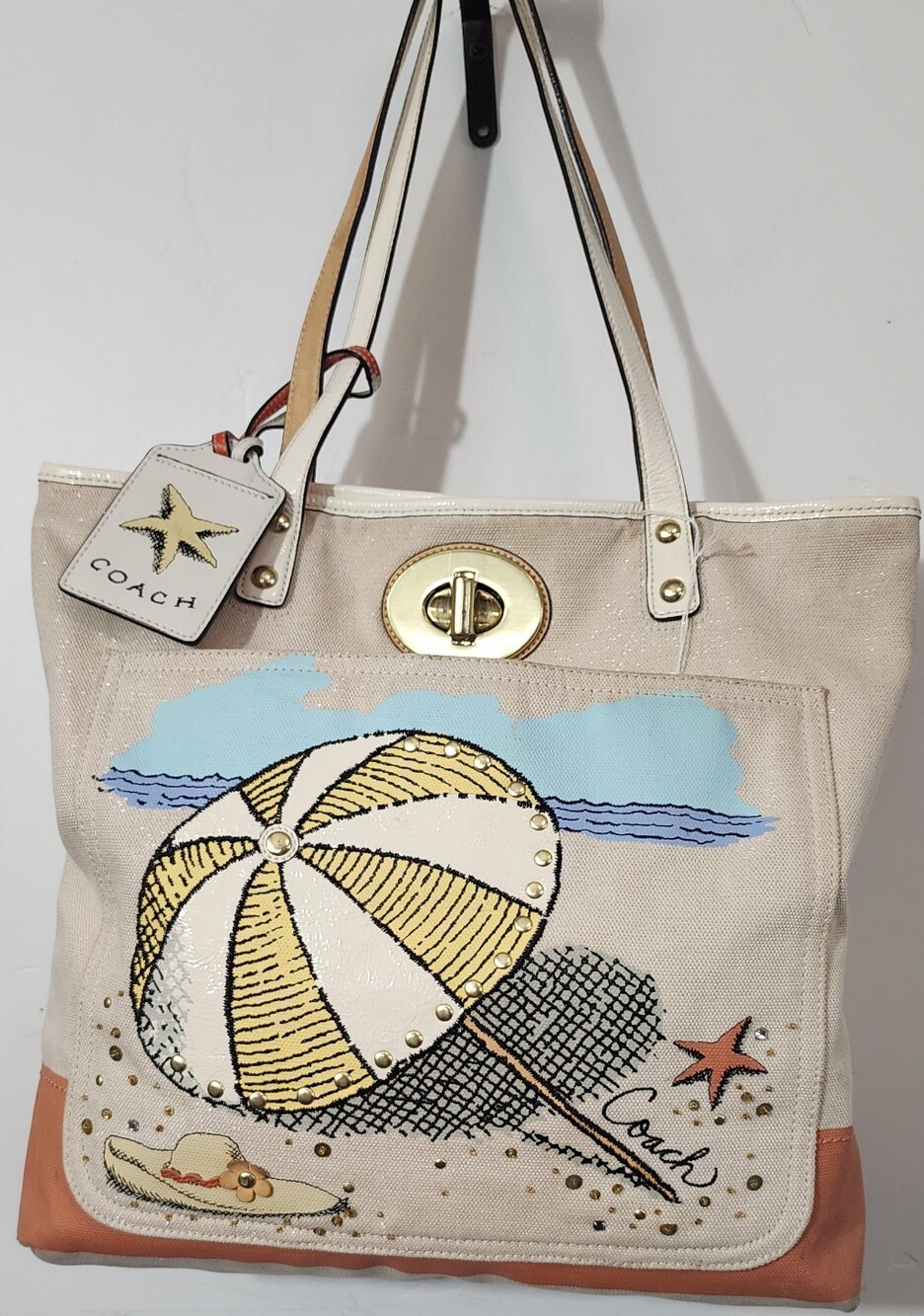 Coach Beige Canvas Tote with Beach Ball Print and Gold Turnlock